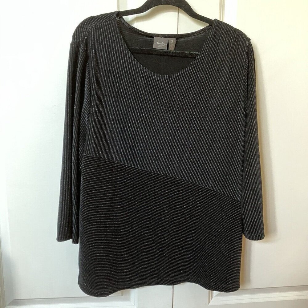 Chico’s Travelers Stripe Sparkling Black Womens Size 3 Tunic Blouse Top